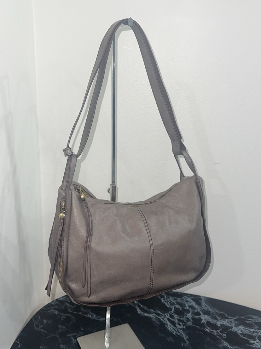 HOBO Handbag Leather Shoulder Bag Gray Medium Size AUTHENTIC - Picture 3 of 14